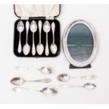 An oval silver photo frame, a/f damaged, cased Swedish teaspoons and five loose teaspoons (parcel)