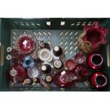Cranberry glass; cruet; scent vases, a pair of 20th Century Cloisonne vases (1 box plus a large