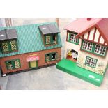 A Triang dolls house with contents, and a dolls house in the shape of a Dormer bungalow with