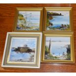 Pamela Dorey, four coastal scenes, miniature oils on board, each signed with labels verso