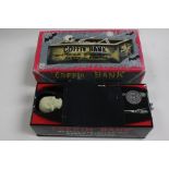 Tinplate toy "Coffin Bank" mechanical, working order, boxed, made in Japan by Yone