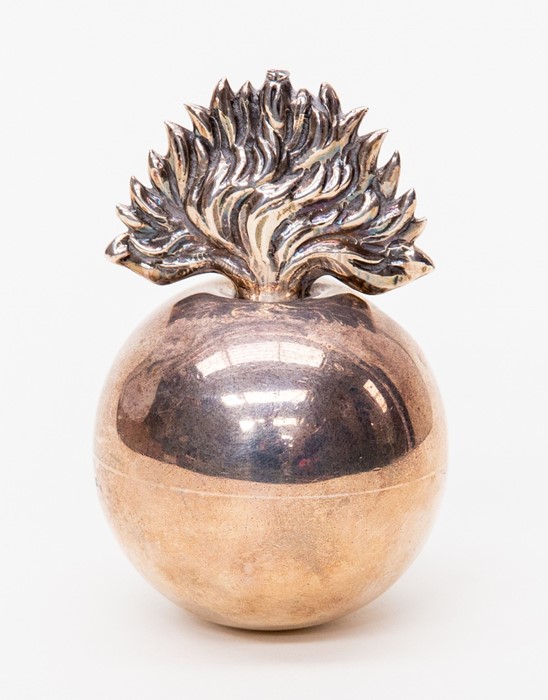 A silver perfume bottle in the form of an orb with stopper depicting fames, London 1883/84, probably