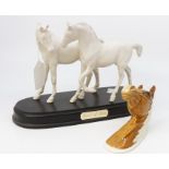 Bestwick Palamino 1884 Horse's head approx 13cm and a pair of White Horses mounted on a wooden