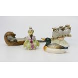 Three German late 20th Century Hutschenreuther animal statues, otter, duck, three birds, and a