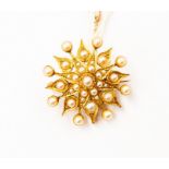 An Edwardian seed pearl pendant brooch, flower head/ star design with graduated seed pearls,