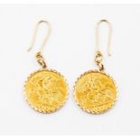 A pair of half sovereign earrings, date 1909 and 1910, 9ct gold mounts, hook fastenings, total gross