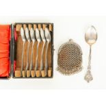 Metal ware including; six tea spoons, Chatelaine purse and ornate spoon (3)