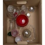 Assorted glassware including two cut glass decanters and vase