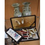Pair of Chinese vases, small Chinese screen, cased chop stick rest set