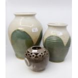 Two studio stone ware vases and a potpourri vase