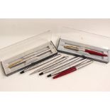 Collection of Parker pens and a propelling pencil (2 boxed), silver and red colour examples