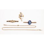 A collection of jewellery to include an Edwardian aquamarine and seed pearl brooch 9ct gold,