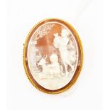 A 9ct gold oval cameo brooch, depicting angels with goat and vase, rope border
