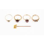 A collection of 9ct gold and unmarked yellow metal rings, to include two 9ct gold rings  set with