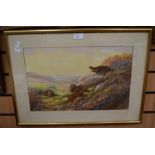 Robert S Harrington, watercolour, Scottish scene with grouse family in gilt frame