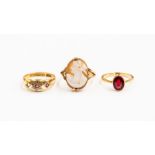 An 18ct gold cameo ring, total gross weight approx 4.4 grams, a ruby and diamond set ring, 18ct gold