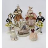 Nao clown statue, pair of Royal Adderley Highland statues, pair of miniature Wade lady figurines and