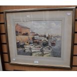 Watercolour, signature unclear of boats docked at a port and two FW Flisher prints, one dated 1989