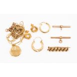 A collection of 9ct gold jewellery to include a locket and chain, knot earrings, chains some a/f and