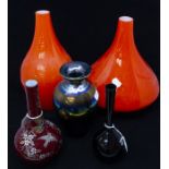 Five assorted 20th Century glass vases, two orange examples, no bases, lustre Taiwanese vase,