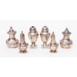 Three pairs of late Victorian and early 20th Century silver salt pots, two pairs are Birmingham, one