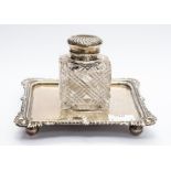 A silver inkwell on a square stand, Sheffield 1894, Henry Aitkin