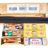 A Pelham cloth puppet theatre, three Pelham puppets including Hansel, Gretel and a soldier, all