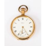 A gold plated Waltham open faced pocket watch, enamel dial, dial diameter approx. 43mm, Roman