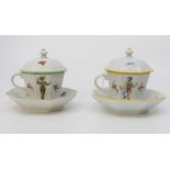 A pair of late 20th Century Dresden covered hot chocolate cups and saucers, both depicting