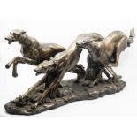 Bronze resin figural group of 3 racing greyhounds. Damage to tail. Length 65cm x 29cm high x
