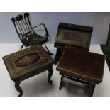 Four dolls house furniture pieces including Davenport desk, sewing table, side table and metal