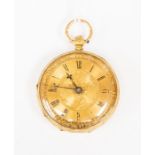 An 18ct gold cased Continental pocket watch, gold tone dial with foliate decoration, numerals,