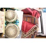 An assortment of Middle Eastern items including metal bowls and handbags (Q)