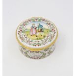 An enamel Halcyon Days Bilston music box with hand painted detail of strawberries surrounding a