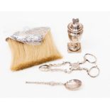 Assorted silver plated items including dining table brush (damaged), sugar nippers, ornate Celtic
