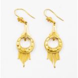 A pair of gold drop earrings, Etruscan styling with round form, granular bead and fringe decoration,