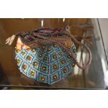 19th Century beadwork ladies bag, with tassels and fringe bead detail, amber, blue and turquoise