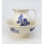 Poole Pottery blue and white cat design jug, 20 cms high approx, and bowl 31 cms diameter approx