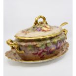 A Royal Worcester Soup Tureen, Cover, Stand and Ladle, each piece hand painted with all over still