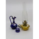 Bohemian blue glass ewer, Mary Gregory cameo glass trinket box and brass and glass lamp