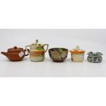 A mixed ceramic lot to include; Clarice Cliff Bizarre mustard pot A/F, Maling lustre sugar bowl,