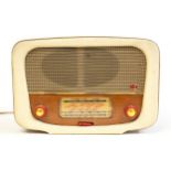 A Mid 20th century Pye wooden cased radio and leather front panel label to rear - Model Number P117,