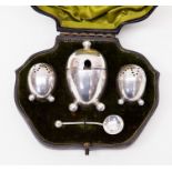 A Mappin and Webb Sheffield silver 1900 egg shaped cruet set with mustard pot and spoon, 4.34 ozt