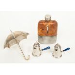 Two novelty plated coffee pot cruet set, plated hip flask with leather cover, plated umbrella
