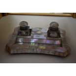 Early 20th Century French mother of pearl inkstand with pair of glass inkwells, with penwell and