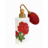 Early 20th century continental white ceramic perfume bottle with red rose and leaf embroidered