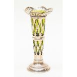 Birmingham 1907 silver bud vase with pierced detail on stem and rim and green glass inner