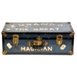 An early 20th Century magicians travelling case, hand painted with top hat and inscribed "Zurando