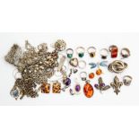 A collection of silver jewellery to include Victorian brooch, ethnic bracelet stone set with