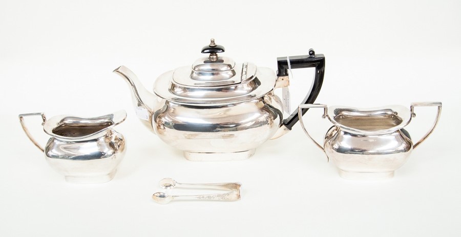 ***A Walker & Hall three piece tea service, circa 1920's, together with a pair of sugar tongs (not